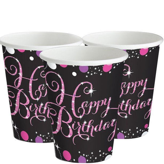 Pink Happy Birthday Paper Party Cups - 266ml (8pk)