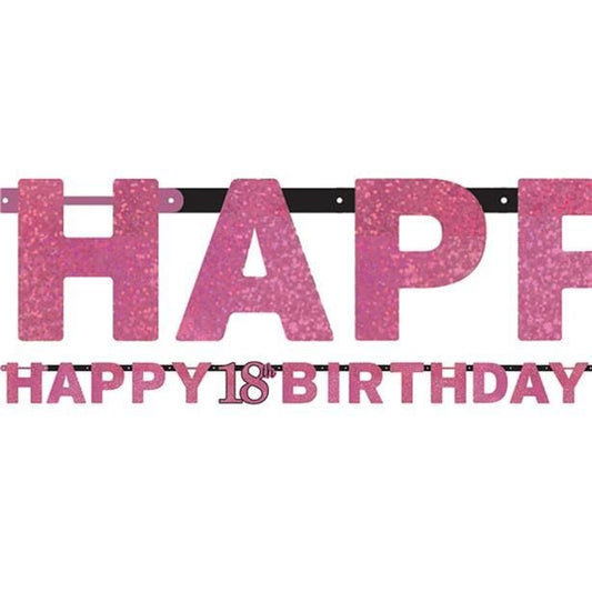 Pink 'Happy 18th Birthday' Holographic Paper Letter Banner - 2m