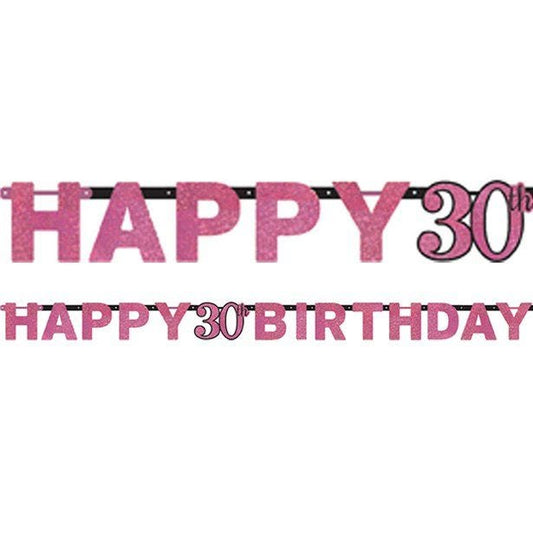 Pink 'Happy 30th Birthday' Holographic Paper Letter Banner - 2m