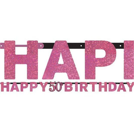 Pink 'Happy 50th Birthday' Holographic Paper Letter Banner - 2m