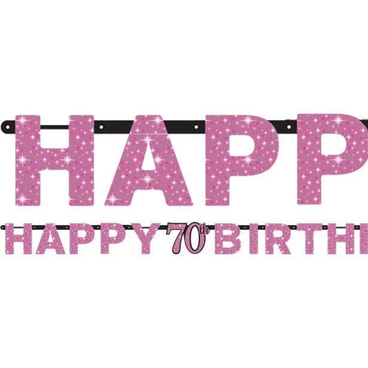 Pink 'Happy 70th Birthday' Holographic Paper Letter Banner - 2m