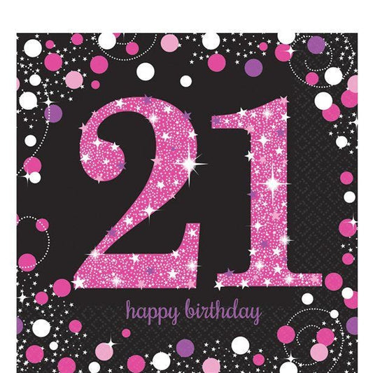 Pink Happy 21st Birthday Paper Napkins - 33cm (16pk)