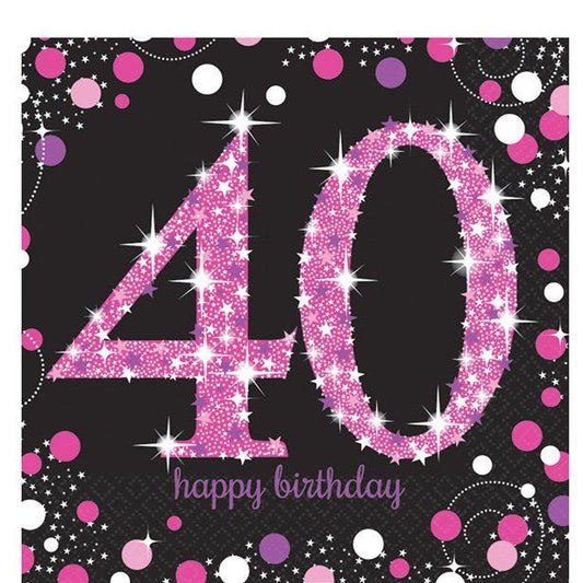 Pink Happy 40th Birthday Paper Napkins - 33cm (16pk)