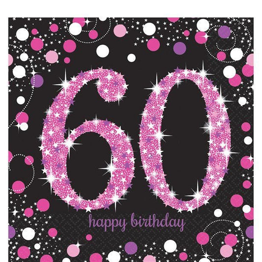 Pink Happy 60th Birthday Paper Napkins - 33cm (16pk)
