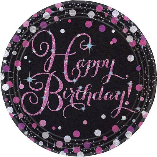 Pink Happy Birthday Holographic Paper Plates - 23cm (8pk)