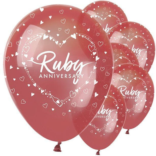 40th Ruby Wedding Anniversary Balloons - 12" Latex (6pk)