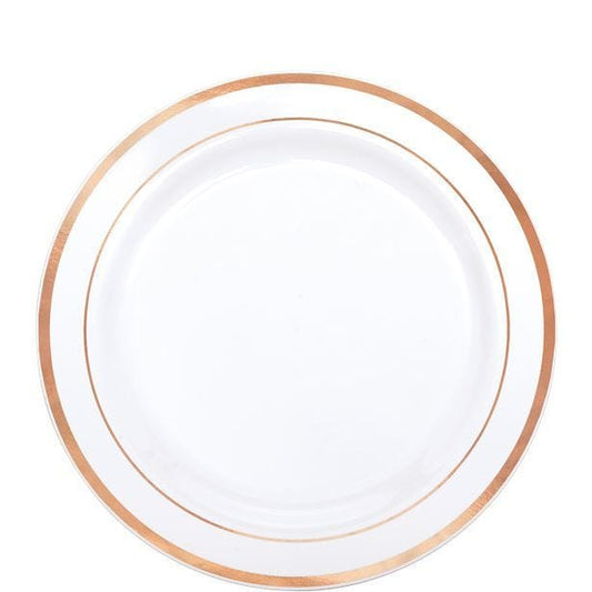 Premium White with Rose Gold Trim Plastic Dessert Plates - 19cm (20pk)