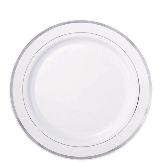 Premium White with Silver Trim Plastic Plates - 19cm (20pk)