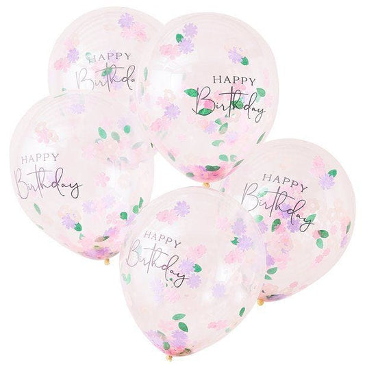 Floral Confetti 'Happy Birthday' Latex Balloons - 12" (5pk)