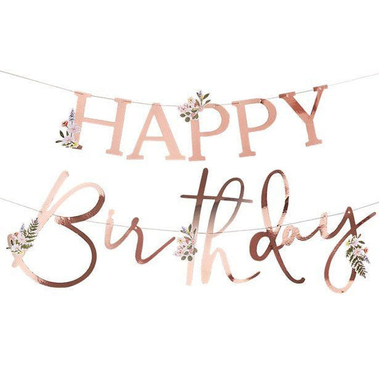 Rose Gold Floral 'Happy Birthday' Paper Banner - 2m
