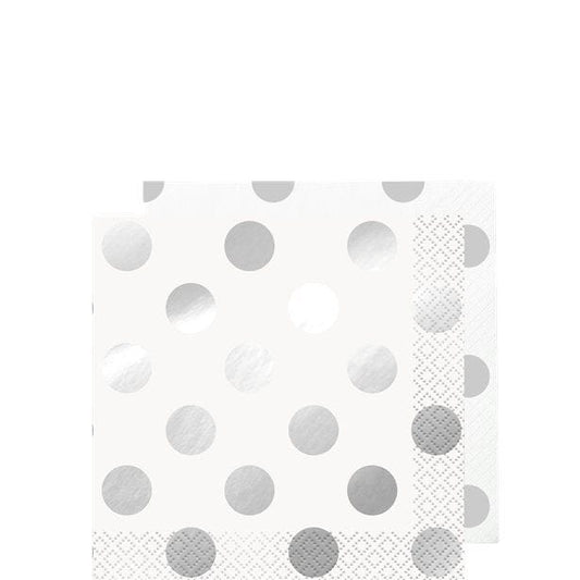 Metallic Silver Dot Beverage Paper Napkins - 25cm (16pk)
