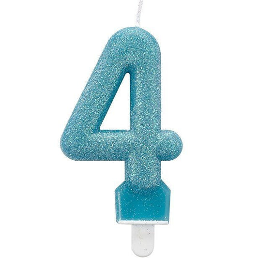 Blue Glitter Number 4 Candle - 7.5cm