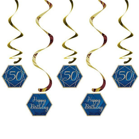 50th Birthday Navy & Gold Geode Hanging Swirls (5pk)