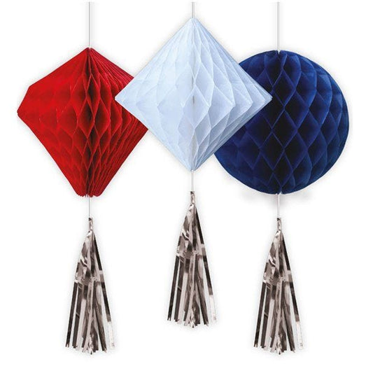 Red, White & Blue Honeycombs with Tassels - 45cm (3pk)