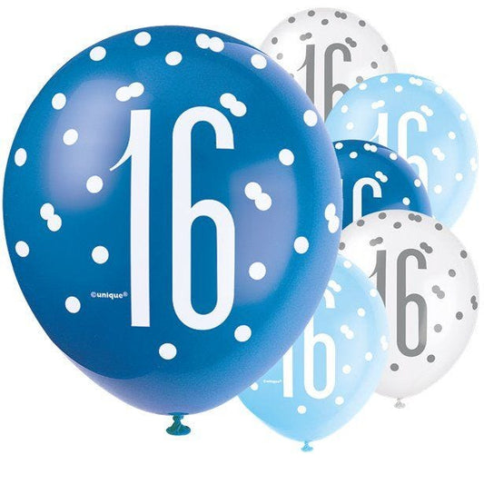 Blue Number 16 Latex Balloons - 12" (6pk)