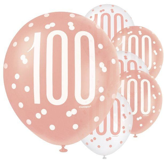 Rose Gold Glitz 100th Birthday Balloons - 12" Latex (6pk)