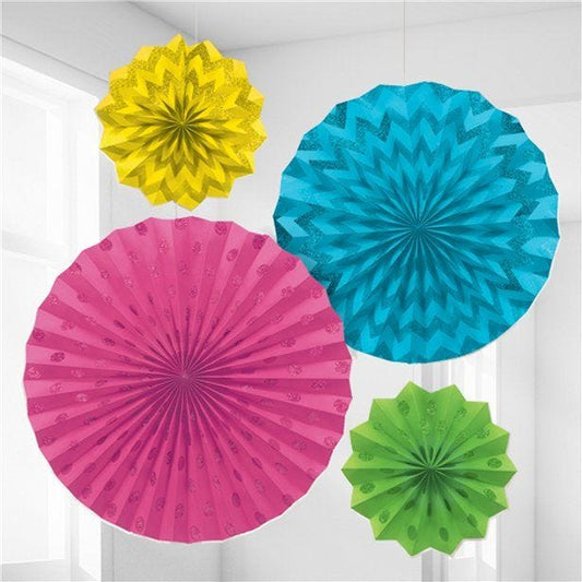 Multi Coloured Paper Glitter Fan Decorations (4pk)