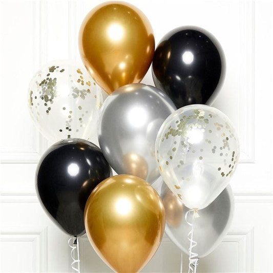 Black Gold & Silver Balloons with Ribbon - 11" Latex (8pk)