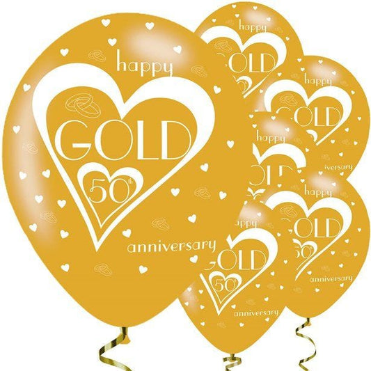50th Gold Wedding Anniversary Balloons - 11'' Latex (6pk)