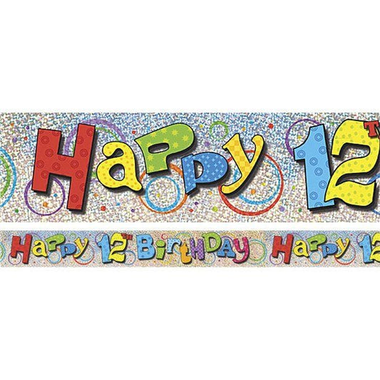 Multi Coloured 'Happy 12th Birthday' Holographic Foil Banner - 3.6m