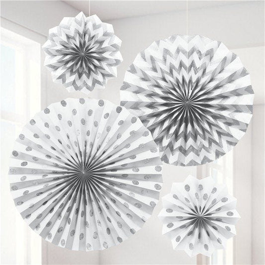 White Paper Glitter Fan Decorations (4pk)