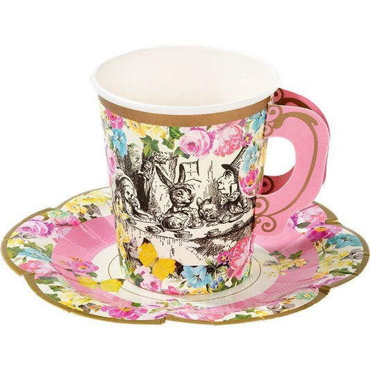 Alice in Wonderland Paper Cups with Saucers (12pk)
