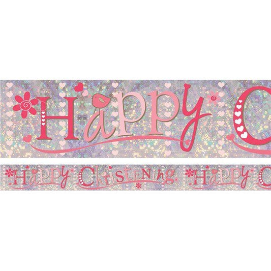 Pink 'Happy Christening' Holographic Foil Banner - 2.7m
