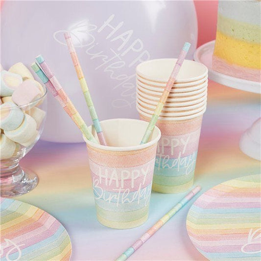 Eco Pastel Rainbow Happy Birthday Paper Cups (8pk)