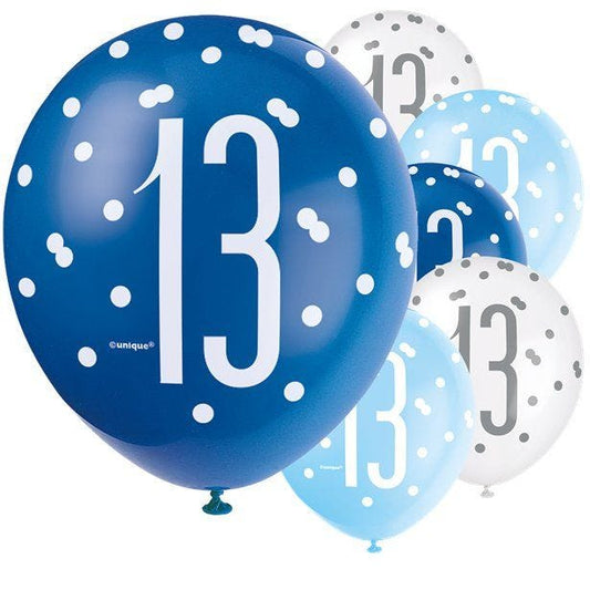 Blue Number 13 Latex Balloons - 12" (6pk)
