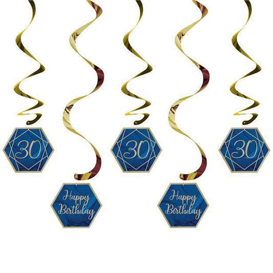30th Birthday Navy & Gold Geode Hanging Swirls (5pk)