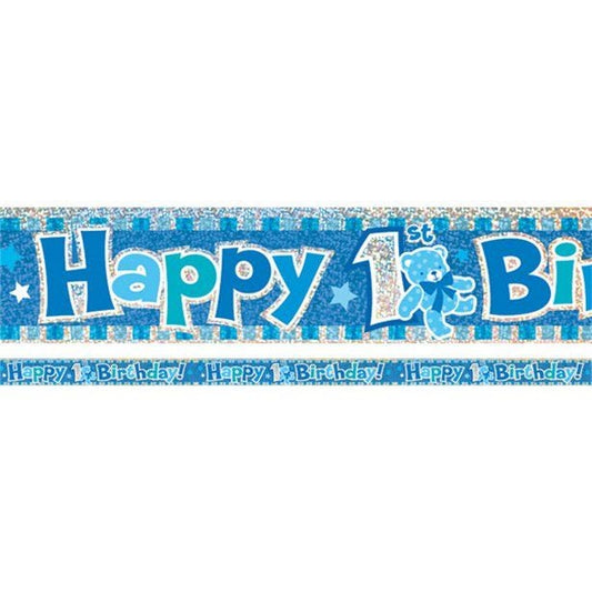 Blue 'Happy 1st Birthday' Holographic Foil Banner - 3.7m
