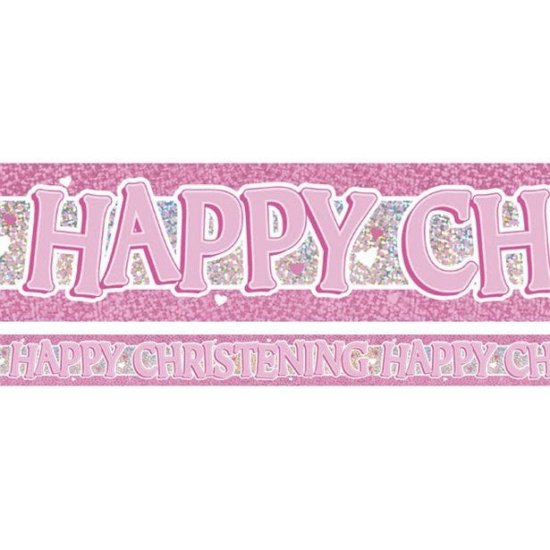 Pink 'Happy Christening' Holographic Foil Banner - 3.7m