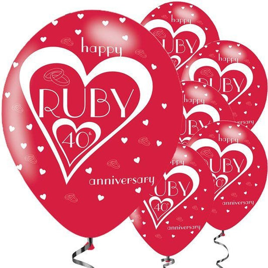 40th Ruby Wedding Anniversary Balloons - 11'' Latex (6pk)
