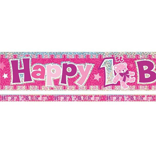 Pink 'Happy 1st Birthday' Holographic Foil Banner - 3.7m