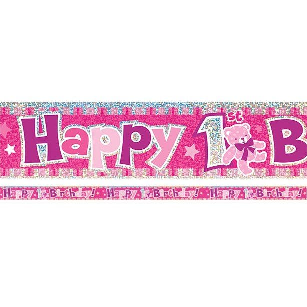 Pink 'Happy 1st Birthday' Holographic Foil Banner - 3.7m