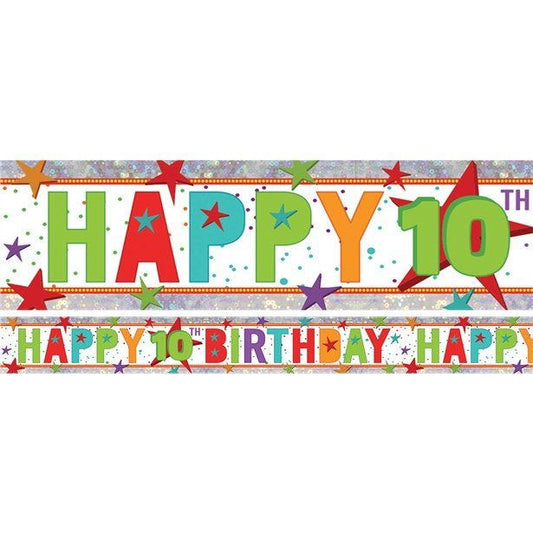Multi Coloured 'Happy 10th Birthday' Holographic Foil Banner - 2.7m
