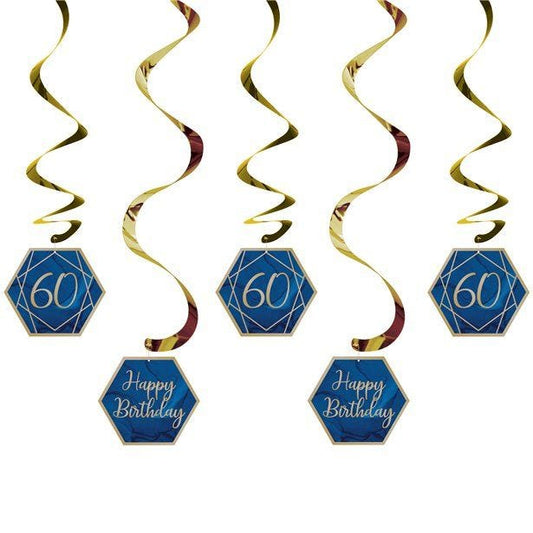 60th Birthday Navy & Gold Geode Hanging Swirls (6pk)