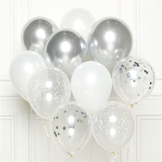 Silver Mix Balloons with Ribbon - 11" Latex (10pk)