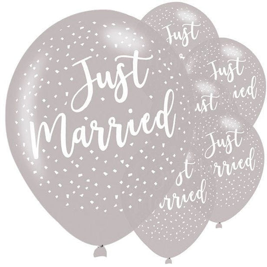 Just Married Silver Latex Balloons - 11" (6pk)