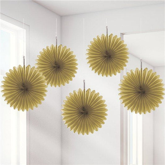 Gold Paper Fan Decorations - 15cm (5pk)