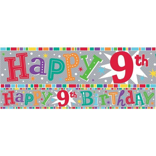 Multi Coloured 'Happy 9th Birthday' Holographic Foil Banner - 2.6m