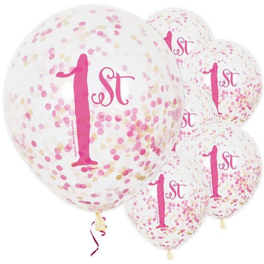 1st Birthday Pink Confetti Balloons - 12" Latex (6pk)