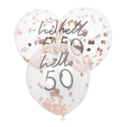 Hello 50 Rose Gold Confetti Latex Balloons - 12" (5pk)