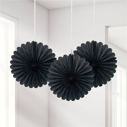 Black Mini Paper Fan Decorations - 15cm (3pk)