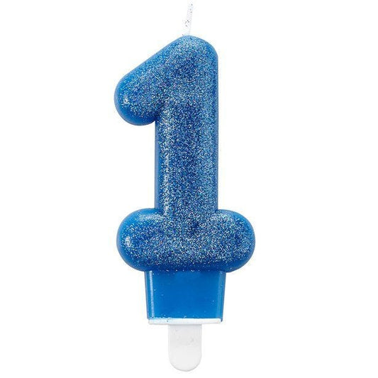 Blue Glitter Number 1 Candle - 7.5cm