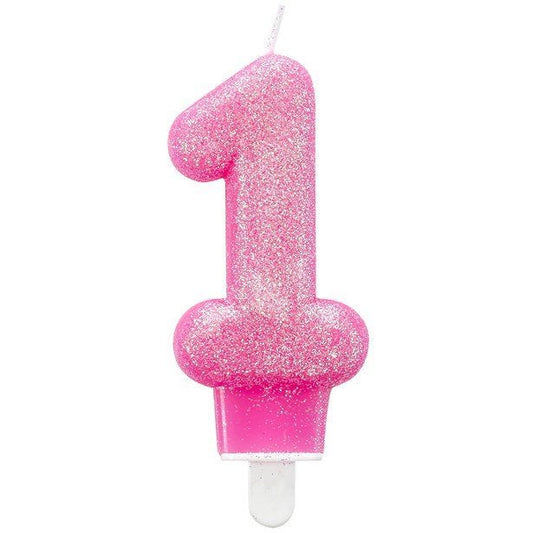 Pink Glitter Number 1 Candle - 7.5cm