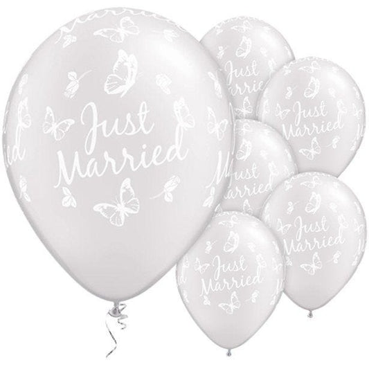 Just Married Butterflies Pearl White Wedding Balloons - 11" Latex (25pk)