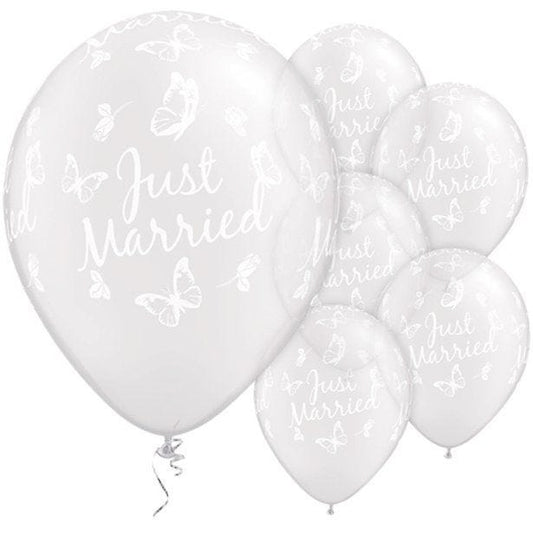 Just Married Butterflies Diamond Clear Wedding Balloons - 11" Latex (25pk)