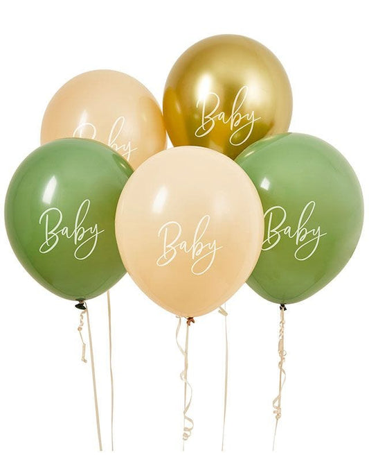 Sage, Nude & Gold 'Baby' Latex 12" Balloons (5pk)