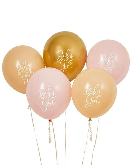 Pink, Nude & Gold 'Baby Girl' Latex 12" Balloons (5pk)